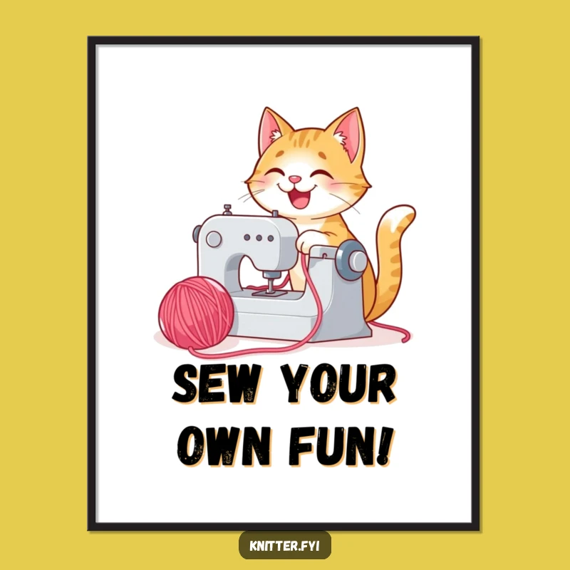 Funny Printable Wall Art: Joyful Cat Sewing - Whimsical Decor Download