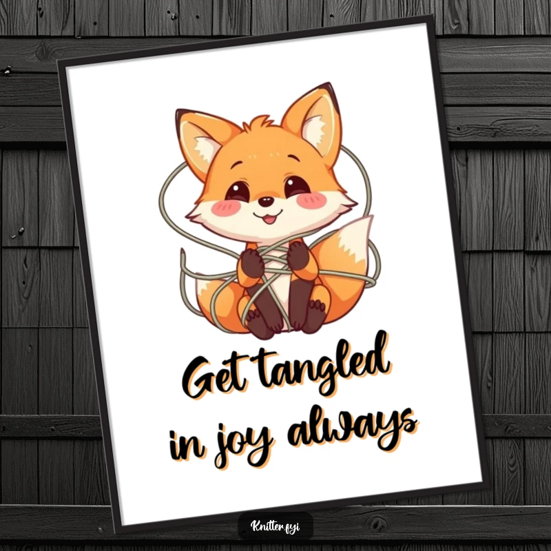 Funny Free Printable Wall Art: A smiling, playful fox character hilariously tangled in a colorful web of yarn, adding whimsy to decor.
