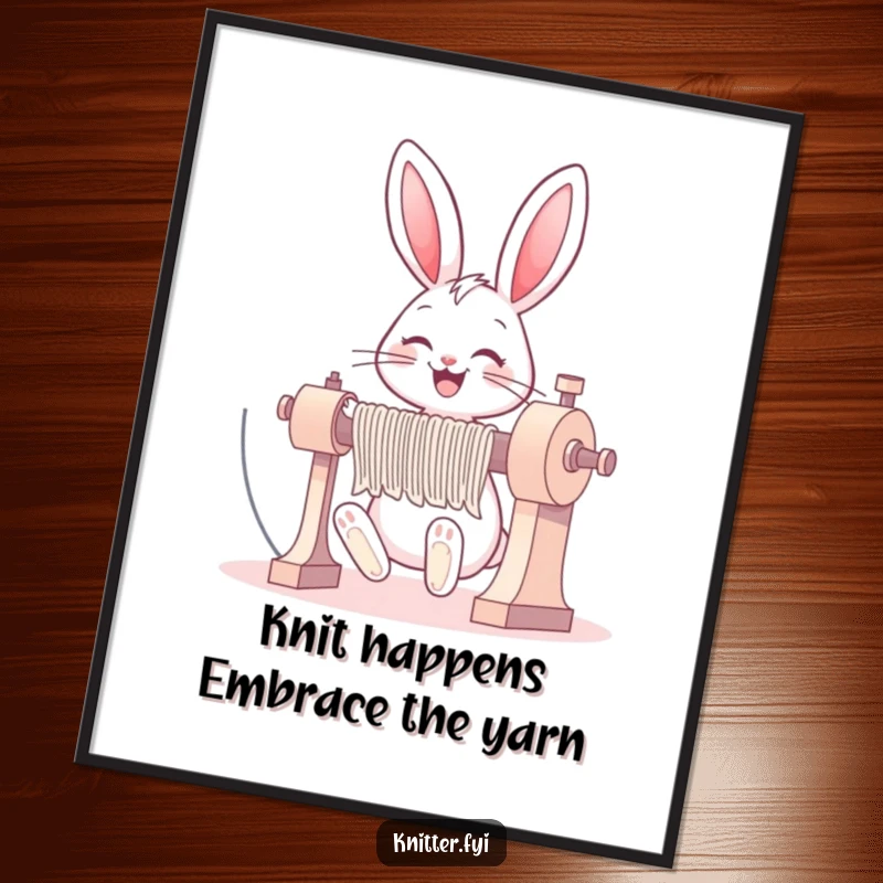 Funny Free Printable Wall Art: A happy bunny with a huge grin operates a large, complex knitting machine.