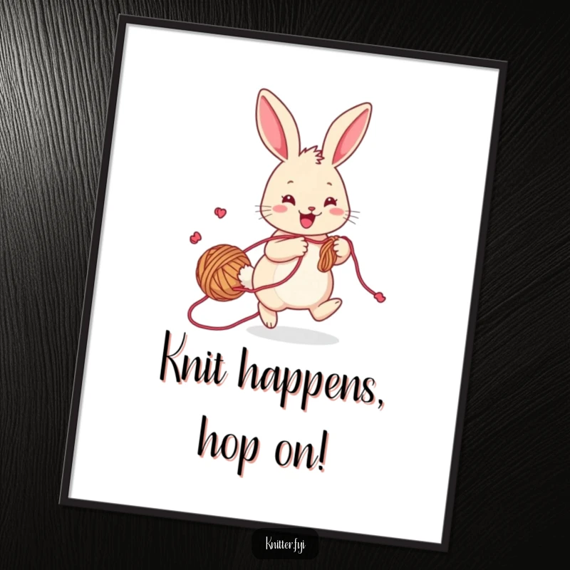Funny free printable wall art of a cheerful rabbit with yarn trailing, hopping playfully while knitting.