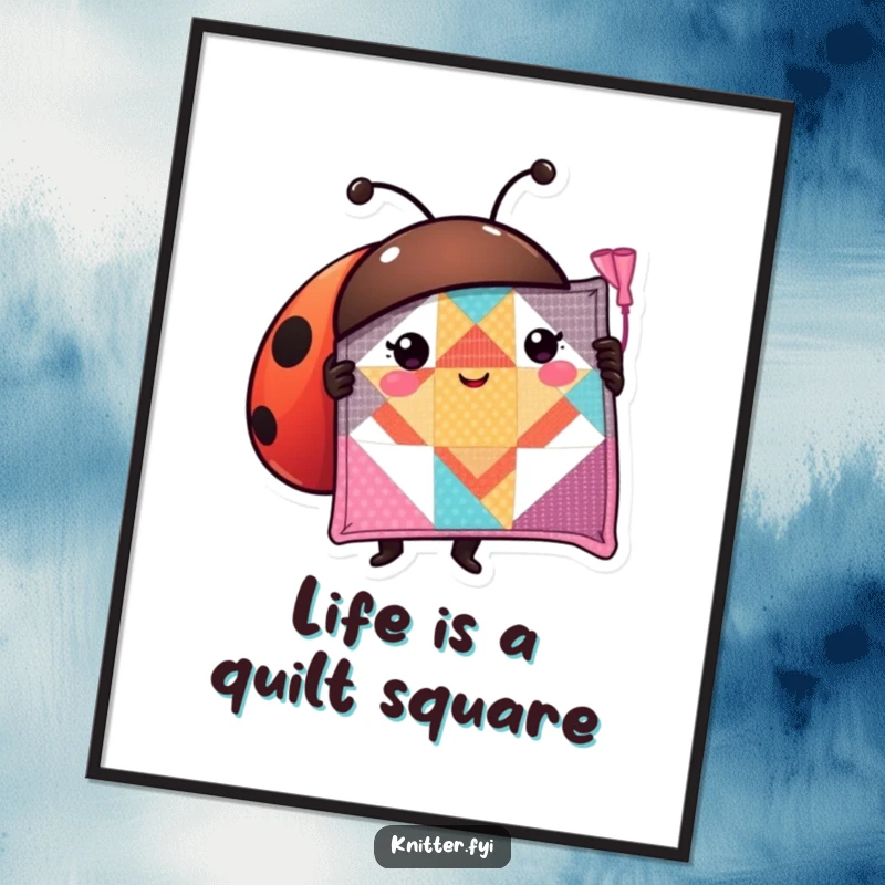Funny free printable ladybug wall art, a ladybug showcasing a stitched quilt, cozy and cute DIY decor.