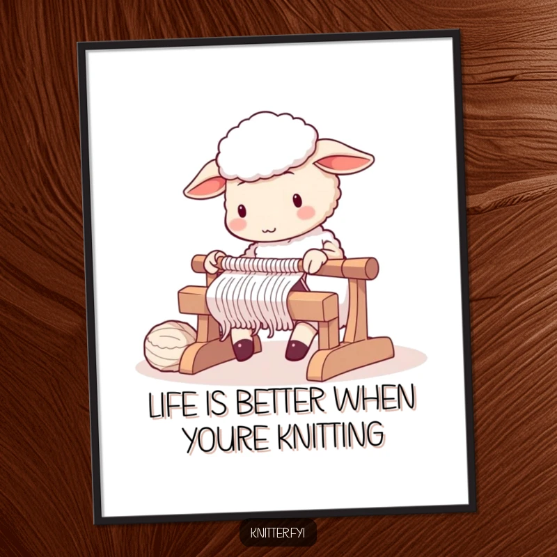 Funny Free Printable Wall Art: A cute sheep character diligently working on a large, clacking knitting loom.