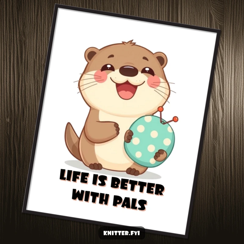 Funny Free Printable Otter Wall Art: A joyful otter with a wide smile holding a pincushion, adding playful charm to walls.