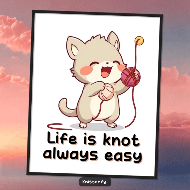 Funny Free Printable Wall Art: Energetic creature enthusiastically batting a ball of yarn, full of playful mischief.