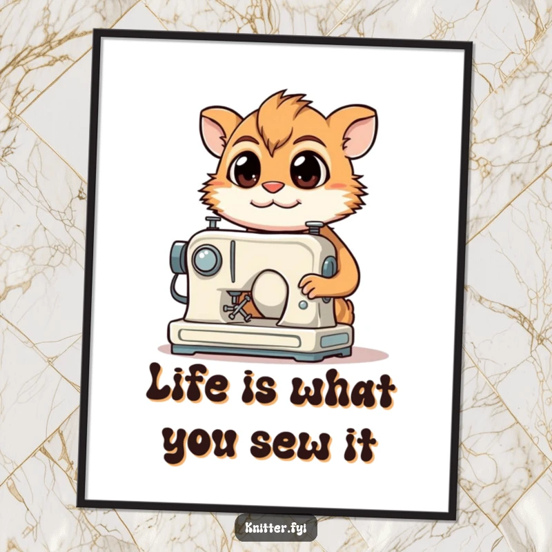 Funny Free Printable Wall Art: A determined creature with a focused gaze smiling while operating a miniature sewing machine.