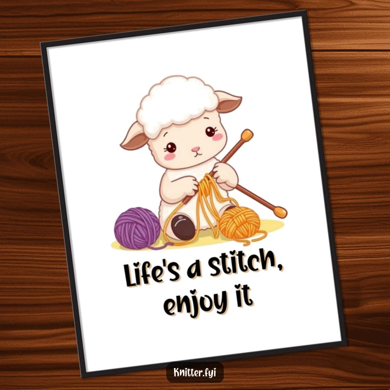 Funny Free Printable Wall Art: A cute sheep character intently threading colorful yarn onto a large needle, creating artistic charm for your home.