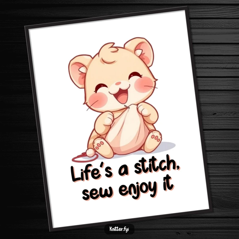 Funny Free Printable Wall Art: Delighted creature with nimble paws expertly guiding a needle through soft cloth.