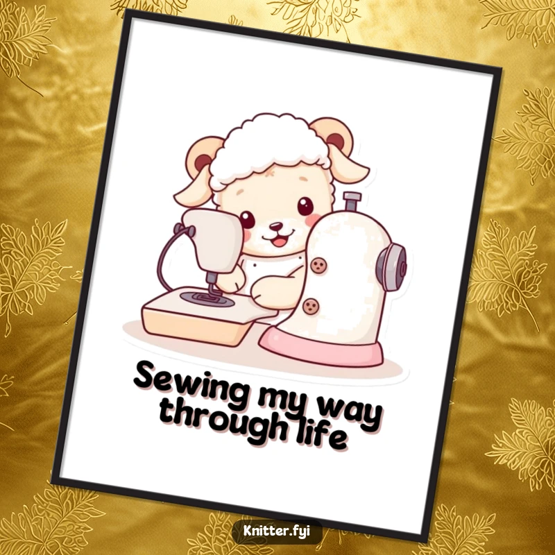 Funny free printable sheepdog wall art, a cheerful dog at a sewing machine, whimsical DIY decor.
