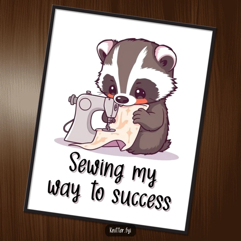 Quirky free printable wall art: a curious badger deeply engrossed in studying a highly complex, intricate sewing pattern with intense focus.