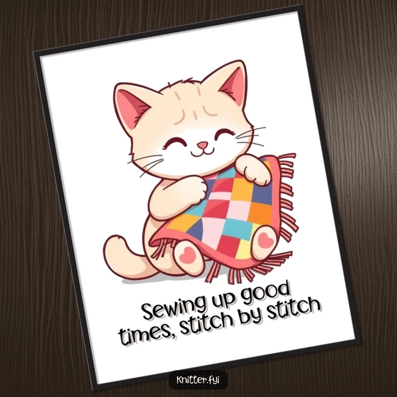 Funny Free Printable Wall Art: A cheerful cat meticulously sewing a tiny, colorful quilt, perfect for DIY wall decor.