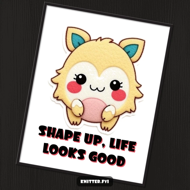 Funny Free Printable Wall Art: Gleeful creature with rosy cheeks cutting felt shapes, whimsical DIY decor.