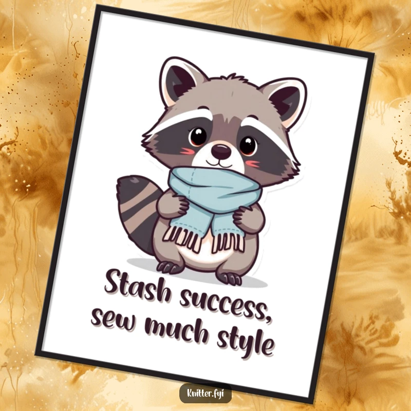 Funny Free Printable Kawaii Raccoon Wall Art, proud raccoon displaying a perfectly stitched tiny scarf, a crafty downloadable decor.