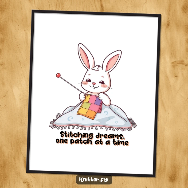 Funny Free Printable Wall Art: Rabbit sewing a vibrant patch with a giant needle, bringing DIY humor to any room.