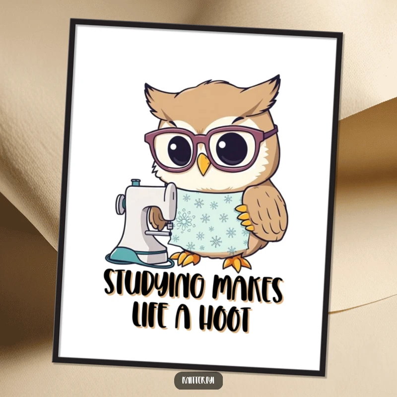 Funny Free Printable Owl Wall Art: A curious owl with large spectacles intently studies a complex sewing pattern, looking very smart.