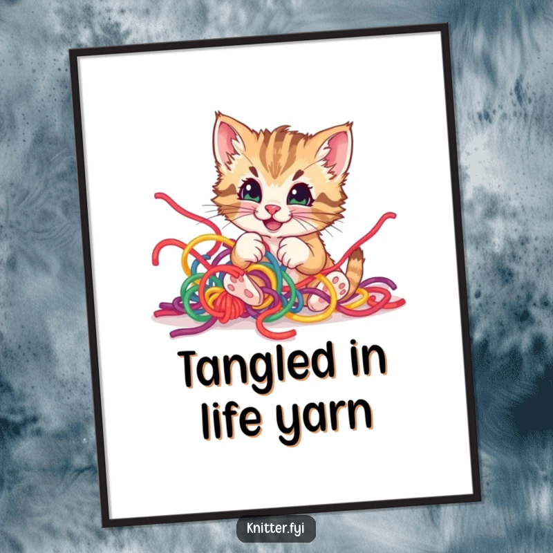 Funny Free Printable Wall Art of a playful kitten happily tangled in colorful yarn, radiating joy.