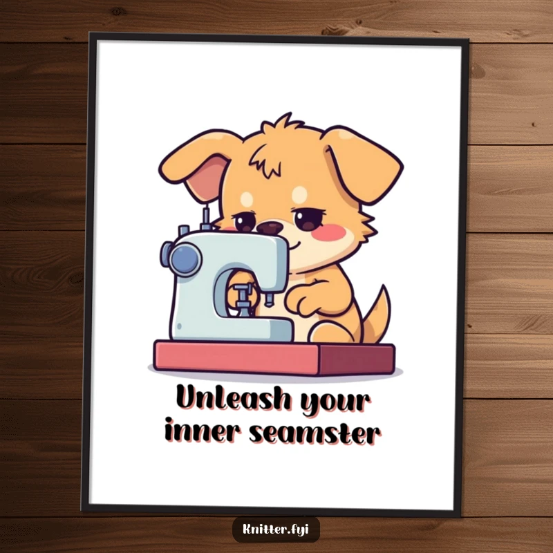 Funny Free Printable Wall Art: A determined dog character concentrating intently while using a sewing machine, creating a humorous piece of decor.