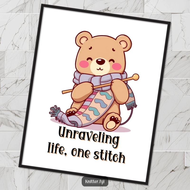 Funny Free Printable Wall Art: Cheerful bear humorously knitting a long colorful scarf with giant needles, DIY decor.