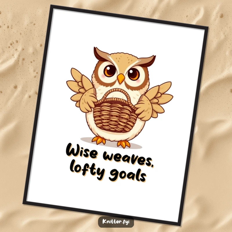Funny Free Printable Wall Art: A proud owl artfully displays a beautifully handcrafted woven basket, exuding wisdom.