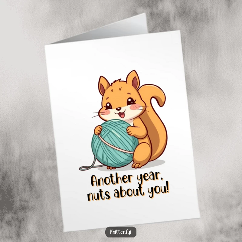 Funny Free Printable Birthday Card: A cheerful squirrel excitedly winds colorful yarn into a perfect, neat ball.