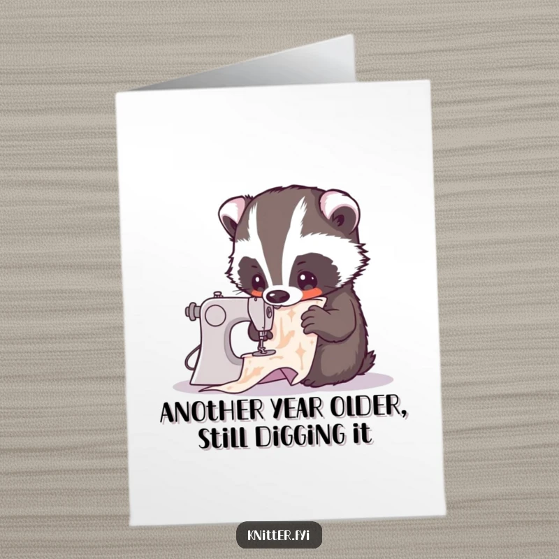 Intriguing free printable birthday card: a focused badger with a magnifying glass studying a complex, detailed sewing pattern with great curiosity.