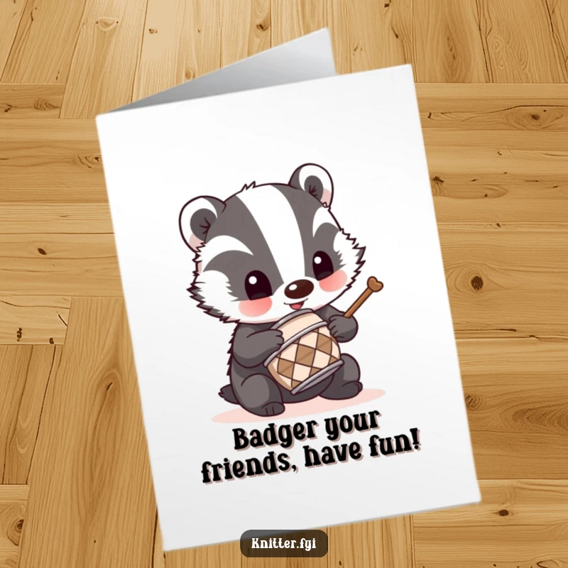 Funny Free Printable Birthday Card: Mischievous badger enthusiastically bangs on a tiny thimble like a drum, creating sound.