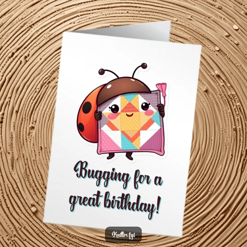 Funny free printable ladybug birthday card, a proud ladybug showing a stitched quilt square, cute DIY gift.