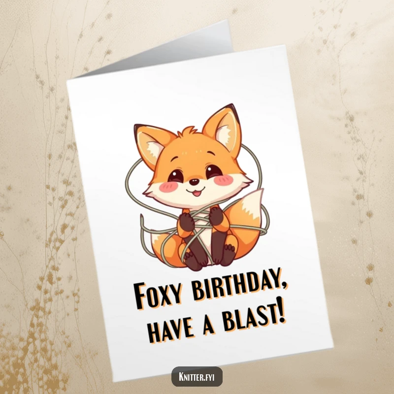 Funny Free Printable Birthday Card: A playful fox character smiling while happily tangled in a colorful web of yarn, celebrating.