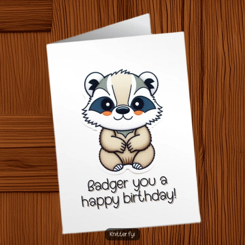 Funny Free Printable Badger Birthday Card: A determined badger concentrates intensely while embroidering a small, intricate design on fabric.