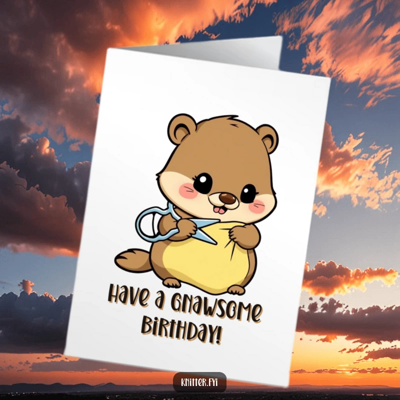 Funny Free Printable Beaver Birthday Card: A busy beaver meticulously cuts fabric with sharp scissors, looking very focused on the task.