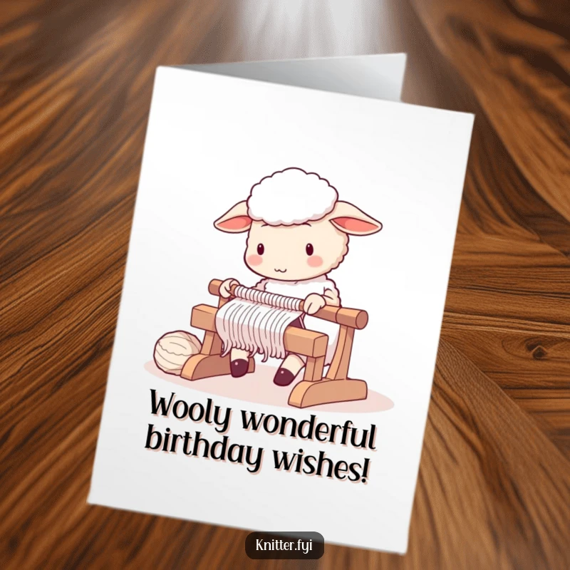 Funny Free Printable Birthday Card: A cute sheep diligently knitting on a large, clacking loom.