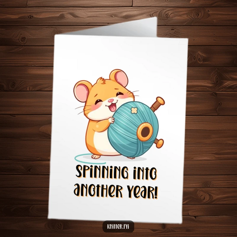 Funny Free Printable Birthday Card: Kawaii hamster gleefully spinning a giant bobbin of thread, ready to celebrate.