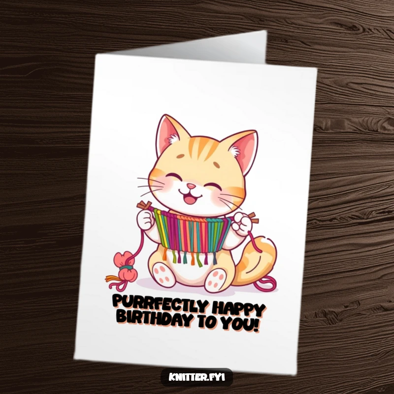 Funny Free Printable Birthday Card: A happy cat expertly weaving a vibrant tapestry with its paws.