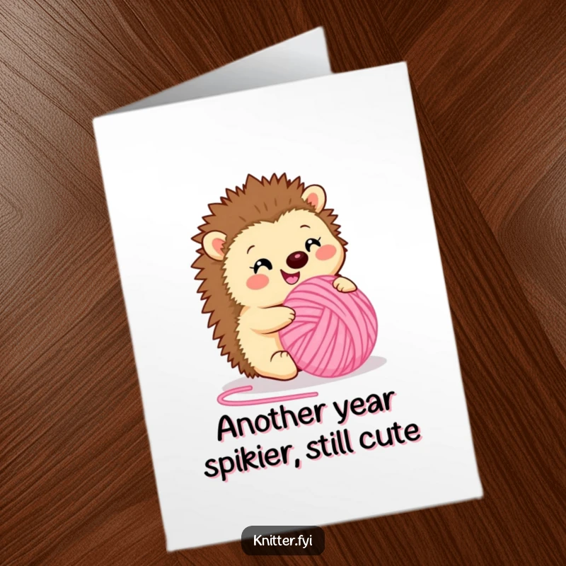 Joyful free printable birthday card: a happy hedgehog gleefully rolling a large ball of soft, fuzzy pink yarn, spreading cheer.