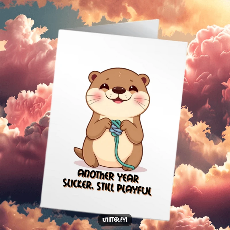 Amusing free printable birthday card: a cheerful otter intently tying a perfectly neat knot on a strand of yarn with a happy smile.