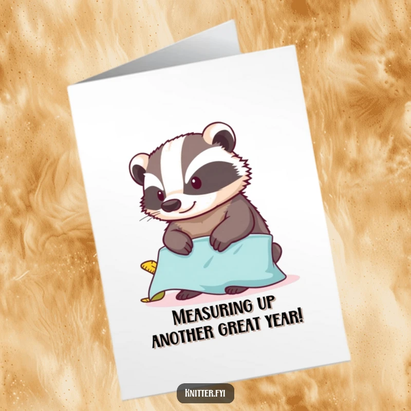 Funny Free Printable Badger Birthday Card: A content badger meticulously measures fabric, ready for your birthday message.
