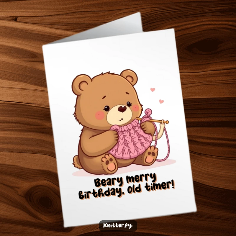 Funny Free Printable Birthday Card: Determined bear with comically large needles knitting a tiny tea cozy, a great DIY gift.