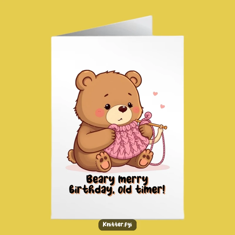 Free Printable Funny Birthday Card: Knitting Bear Trying Tea Cozy - Downloadable DIY Gift