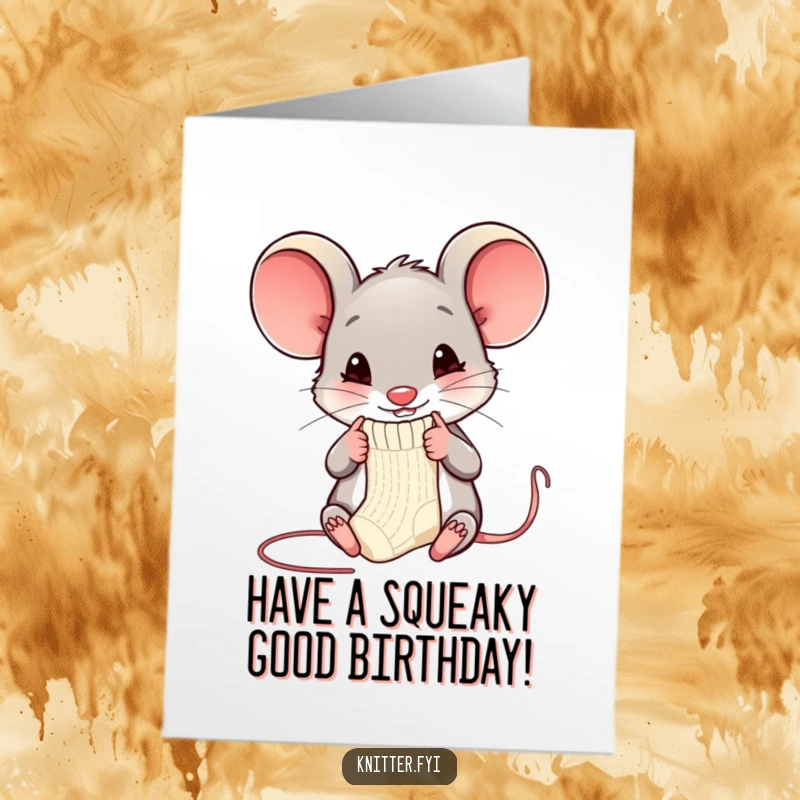 Funny Free Printable Mouse Birthday Card: A happy mouse cheerfully knits a miniature sock with tiny needles, celebrating a cozy birthday.