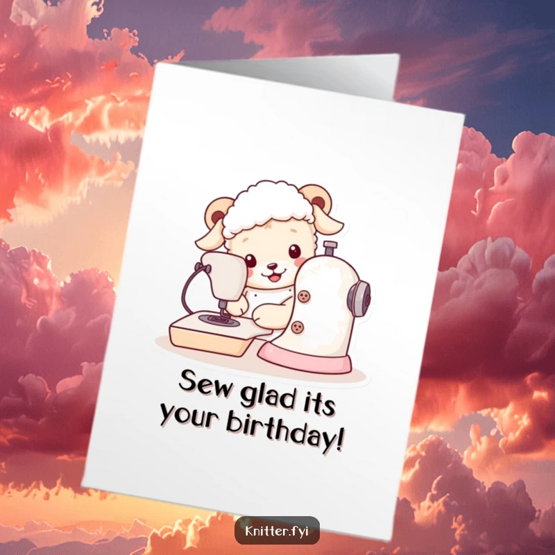 Funny free printable sheepdog birthday card, a cute dog sewing with giant buttons, perfect for humorous DIY gifts.