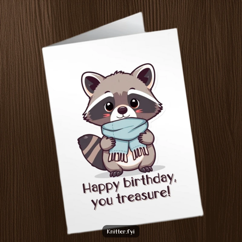 Funny Free Printable Birthday Card with a proud Kawaii raccoon displaying a tiny stitched scarf, a stylish downloadable gift.