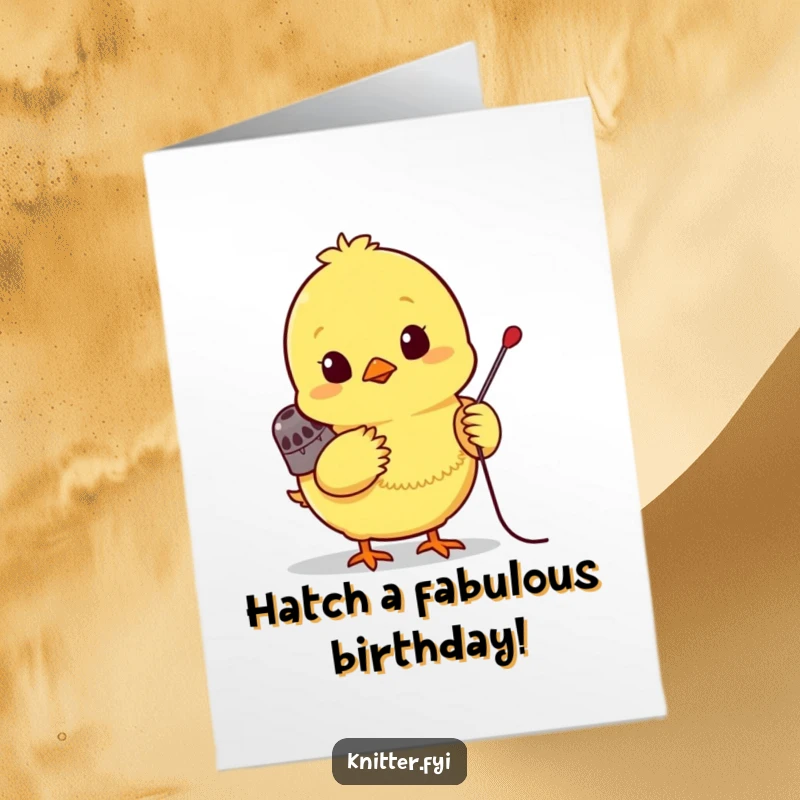 Funny free printable birthday card of a bright yellow chick wearing a tiny thimble, eagerly pushing a needle.