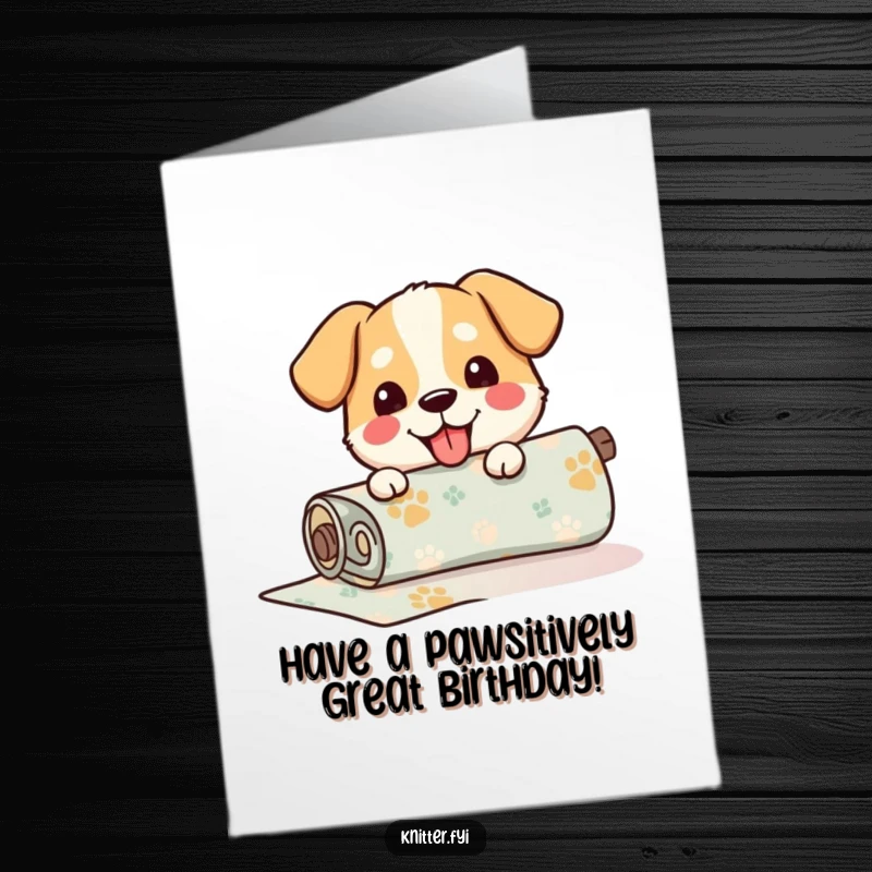 Funny Free Printable Birthday Card: Happy dog unrolling patterned fabric, great for a DIY gift.