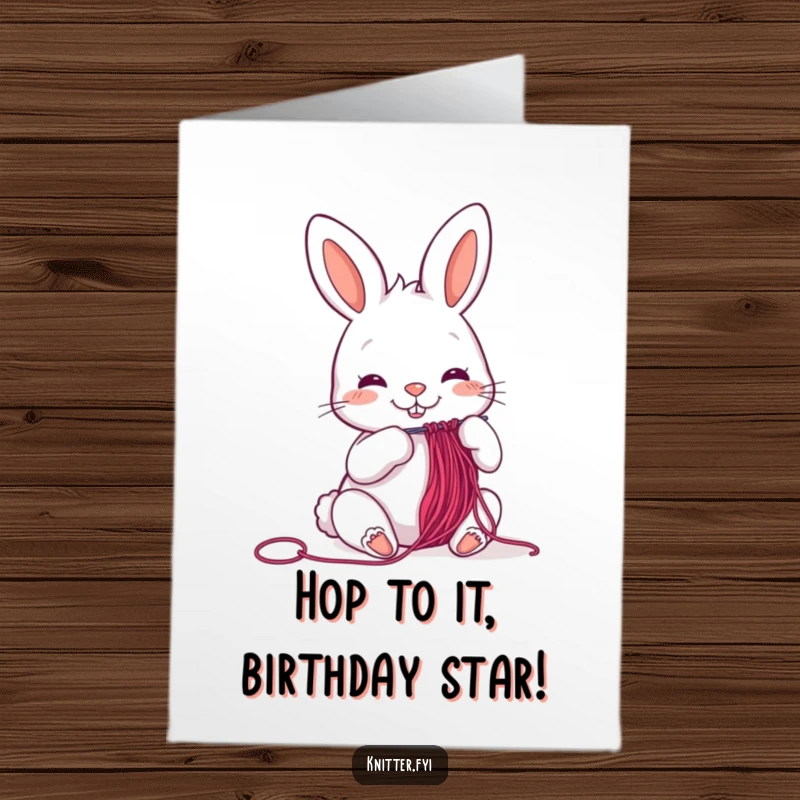 Funny Free Printable Birthday Card showing a cheerful rabbit carefully threading a colorful piece of thread through a needle with intense focus.