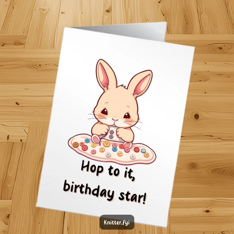 Funny Free Printable Birthday Card: Determined rabbit precisely sewing tiny buttons onto fabric, celebrating with care.