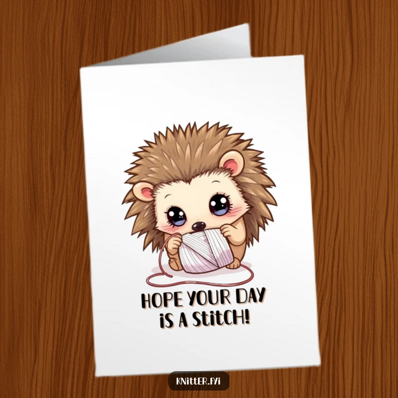 Funny Free Printable Birthday Card: Curious hedgehog looking at shimmering thread, perfect for a DIY gift.