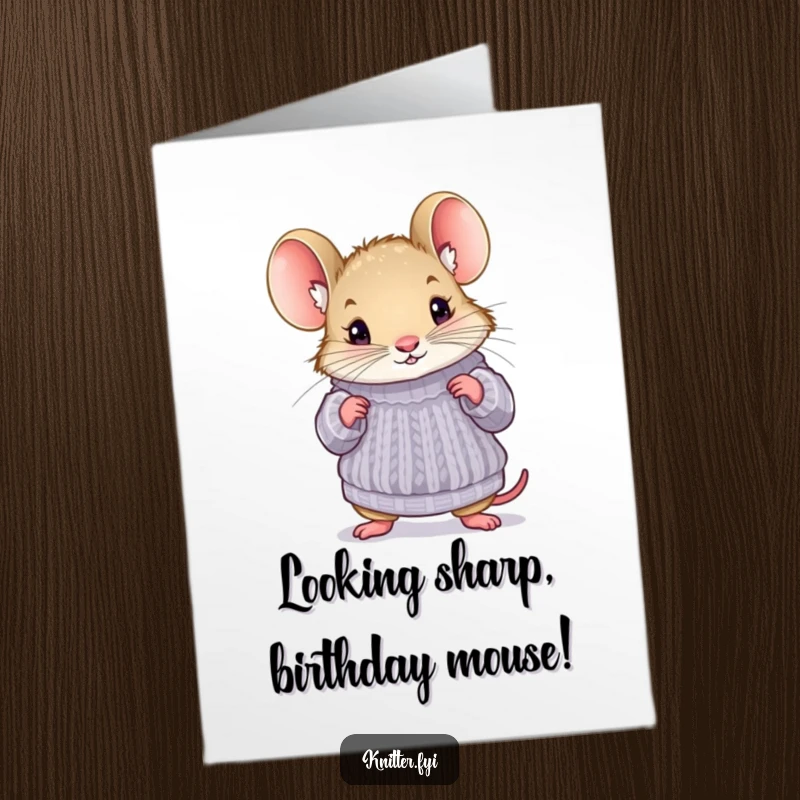 Funny Free Printable Mouse Birthday Card: A curious mouse tries on a tiny knitted sweater, celebrating their special day.
