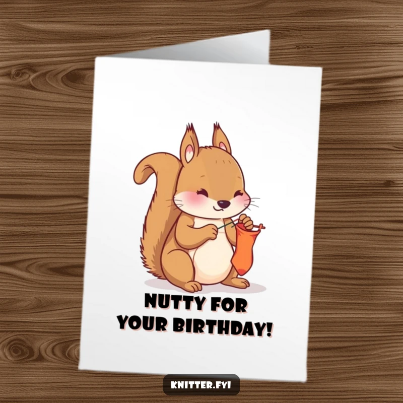 Funny Free Printable Birthday Card of a curious squirrel diligently using needle and thread to fix a sock.