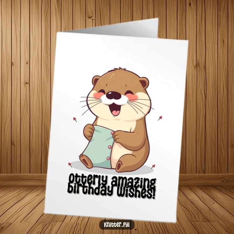 Funny Free Printable Birthday Card featuring an excited otter carefully pinning fabric pieces together with tiny, precise pins, ready for a celebration.