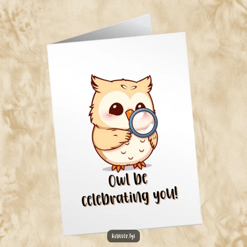 Funny Free Printable Owl Birthday Card: A smiling owl squints intensely through a magnifying glass at a tiny seam, looking for flaws.