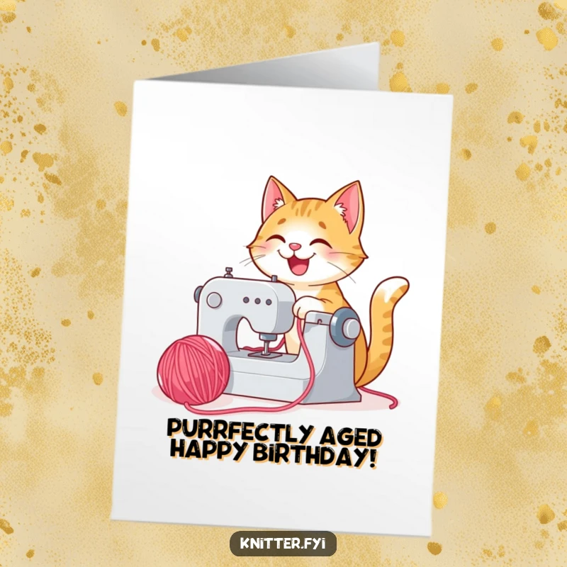 Funny Free Printable Birthday Card featuring a gleeful cat joyfully operating a whirring sewing machine, surrounded by colorful yarn for a festive touch.